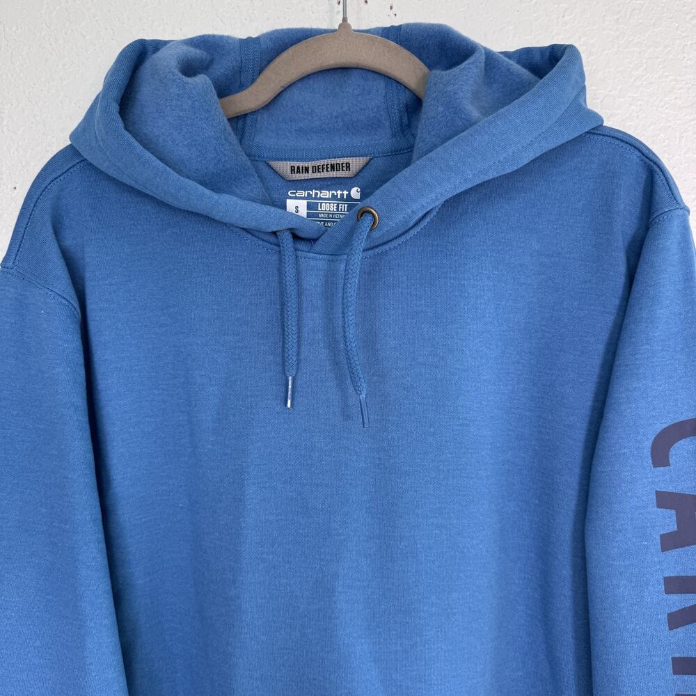 Carhartt Hoodie Men Small Rain Defender Loose Fit Pullover Logo Graphic Blue NEW - Picture 5 of 12